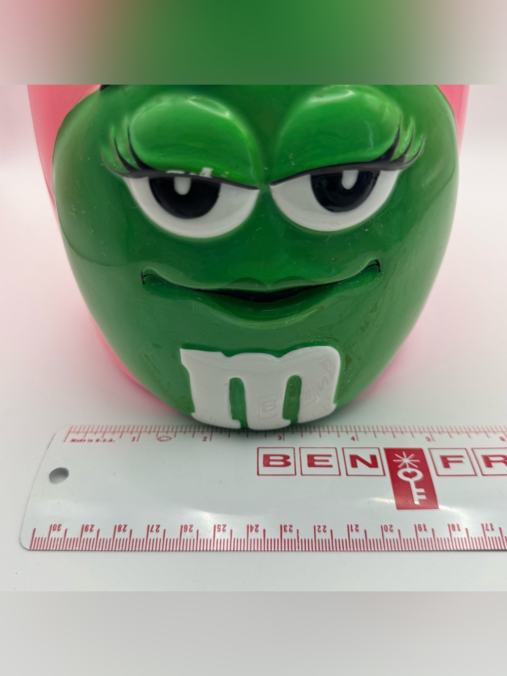 Vintage 2003 M&M’s Green Character Ceramic Cookie Jar Galerie Pink Mars - Picture 13 of 13